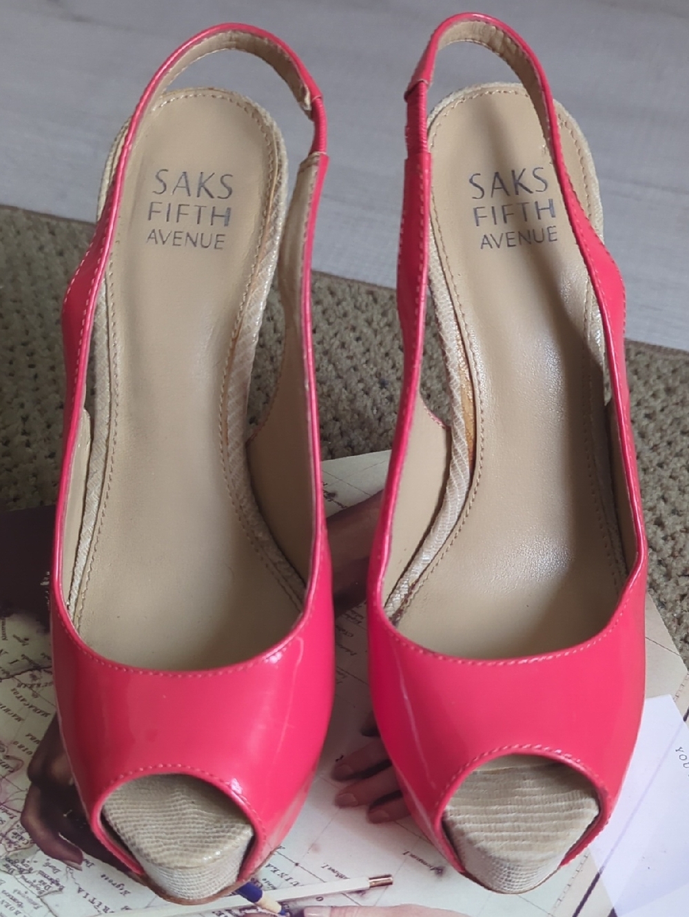 Saks Fifth Avenue Hot Pink Patent Peep-Toe Slingback Heels